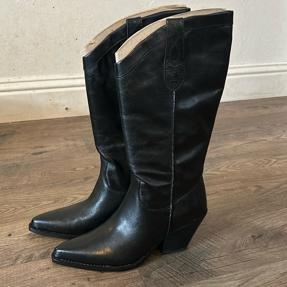 New Sam Edelman black leather pointed toe tall cowboy boots. Never worn.